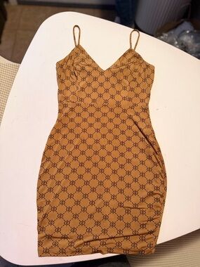 Fashion Nova Camel Spaghetti Strap Bodycon Dress with Geo Motif